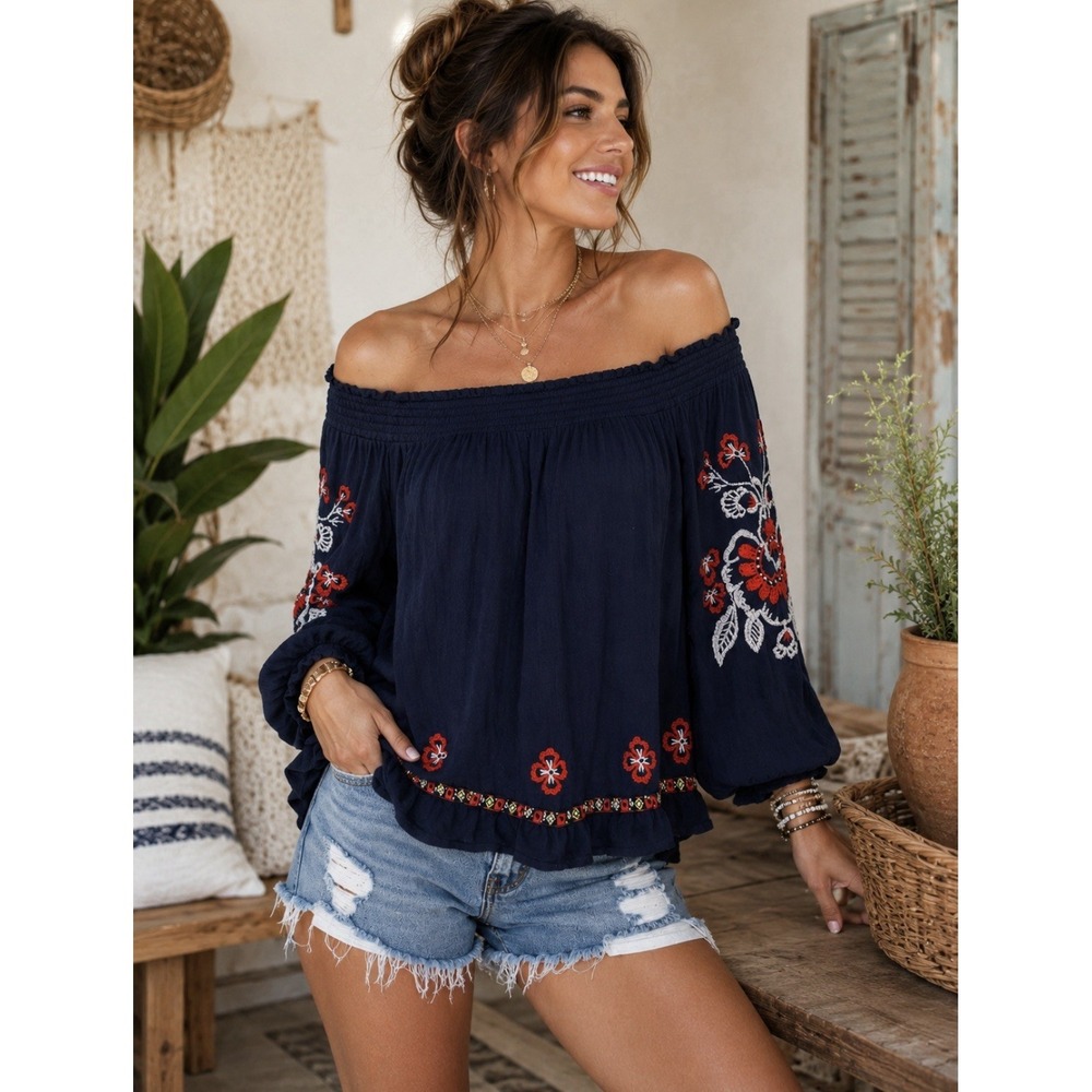 Hannah XL Boho Embroidered Off Shoulder Peasant Blouse Festival Cottagecore